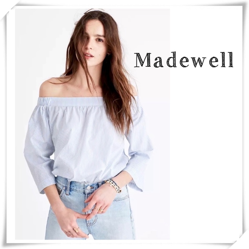 MADEWELL Clean Off-the-Shoulder Blouse Top Stripe White with Blue Size M #G2082